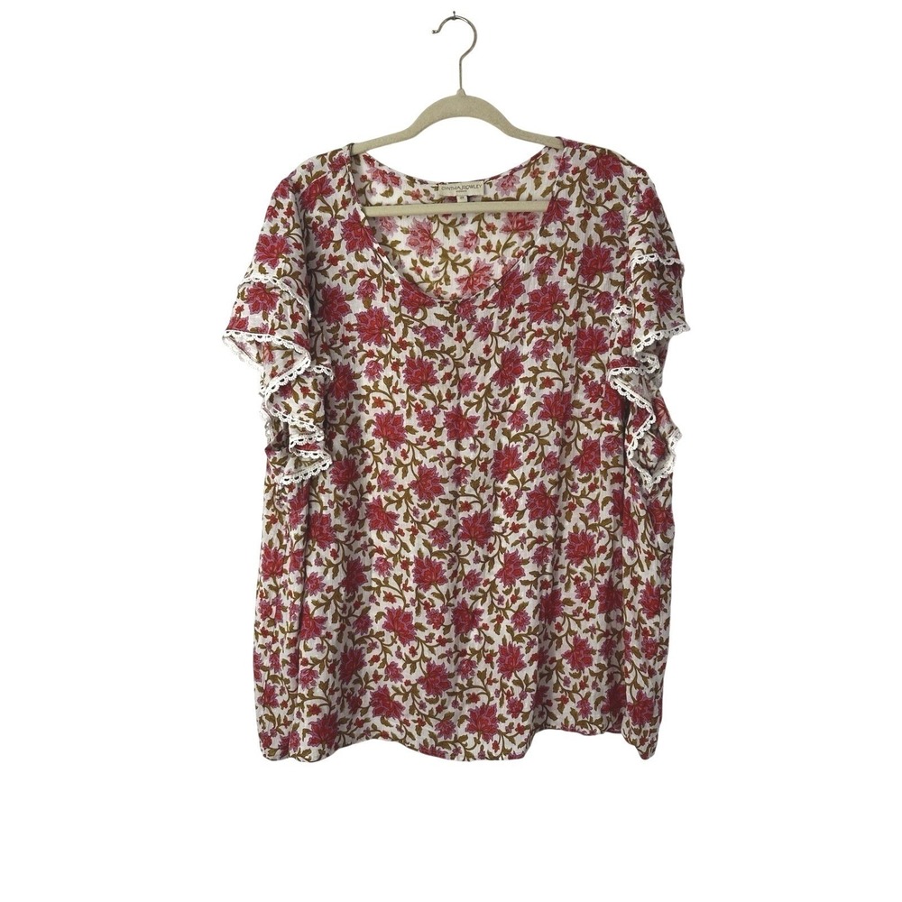 Cynthia Rowley Top Womens 2X Boho Floral Flutter Layered Sleeve Crochet Trim